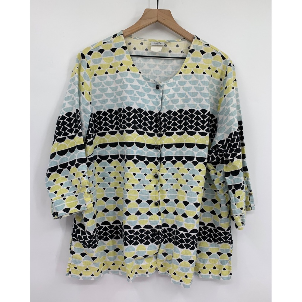 Hot‎ Cotton Shirt Womens 2X Green Geometric Linen Blend Button Up 3/4 Sleeve